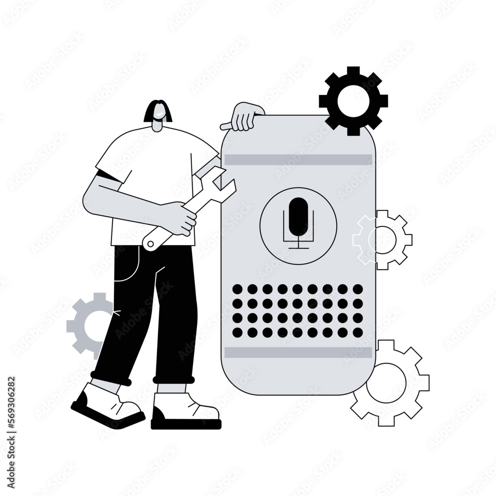 Poster smart speaker apps development abstract concept vector illustration. app development platform, smart