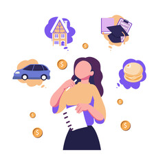 Personal finance management and budget, expenses planning flat vector illustration