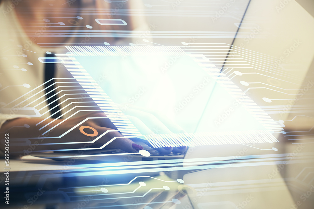 Poster multi exposure of woman hands working on computer and data theme hologram drawing. tech concept.