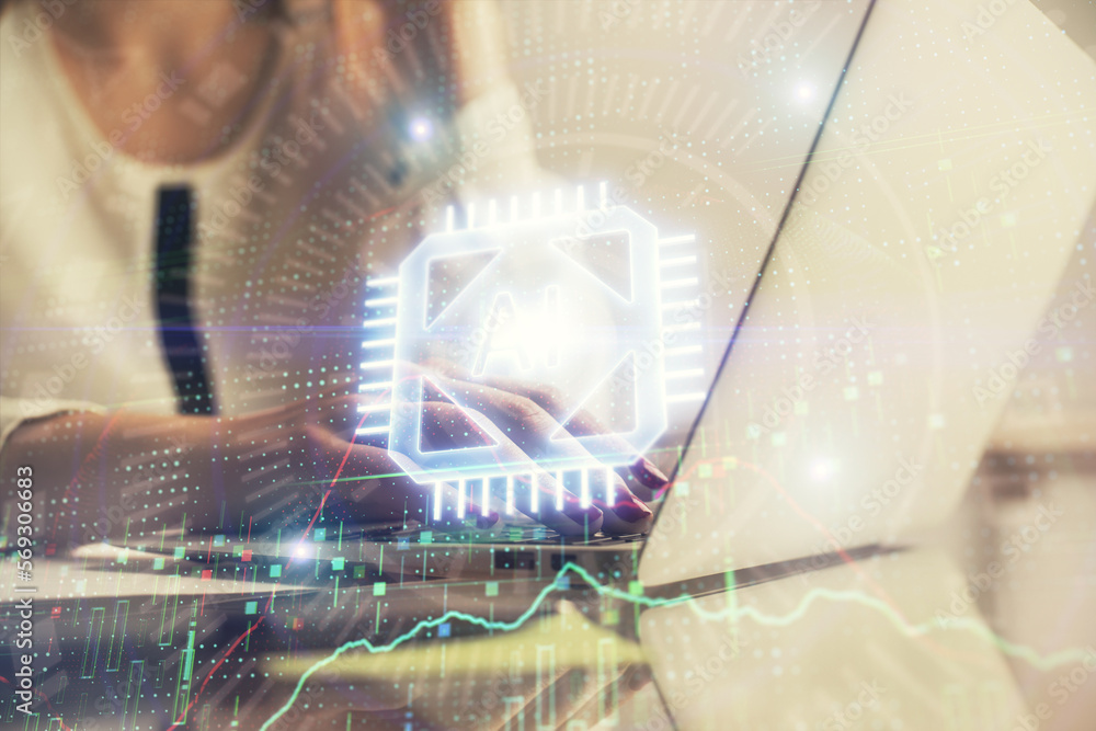 Poster multi exposure of woman hands working on computer and data theme hologram drawing. tech concept.