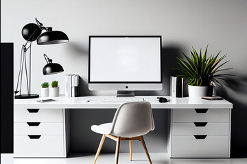 Stylish workspace with computer and posters on home or studio, AI Generated - obrazy, fototapety, plakaty