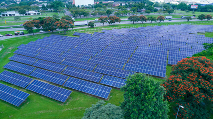 Aerial view of solar panels in Sao Jose dos Campos, Brazil. Many renewable energy panels