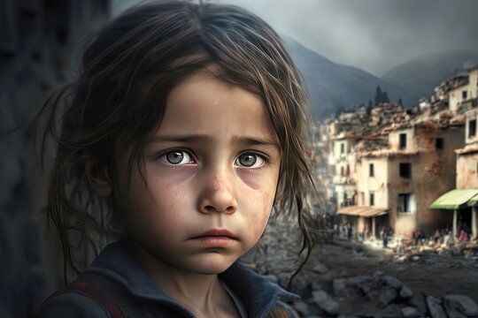 a sad girl standing in front of collapse buildings area, natural disaster or war victim,  sorrow scenery idea for support children's right , especially Turkey and Syria earthquake, Generative Ai