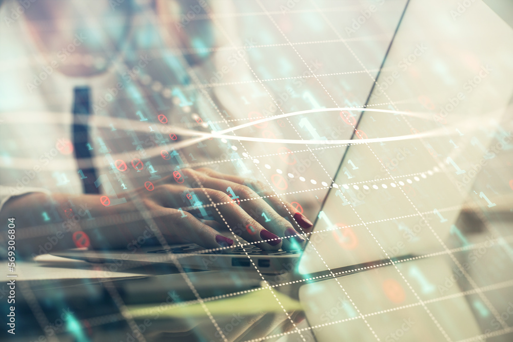 Poster multi exposure of woman hands typing on computer and financial graph hologram drawing. stock market 