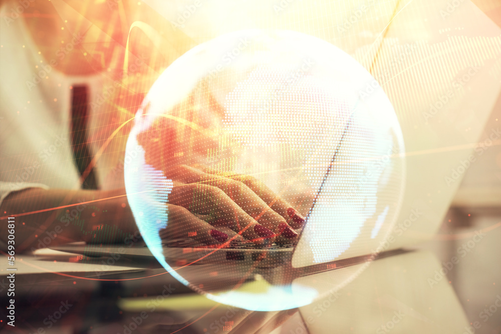 Poster multi exposure of woman hands typing on computer and business theme hologram drawing. success concep