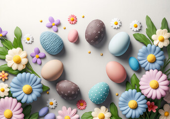 Fototapeta na wymiar Easter illustration with colorful eggs and spring flowers. Easter background with copy space. Flat lay. 