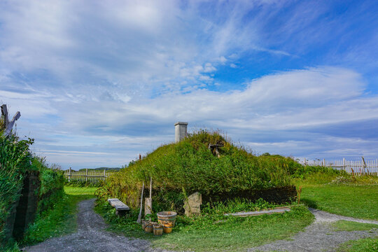 Newfoundland, Canada: Recreated Norse buildings at L&rsquo;Anse aux Meadows (trans. Meadows Cove), the archeological site of a Norse settlement dating from 990 to 1050 CE.