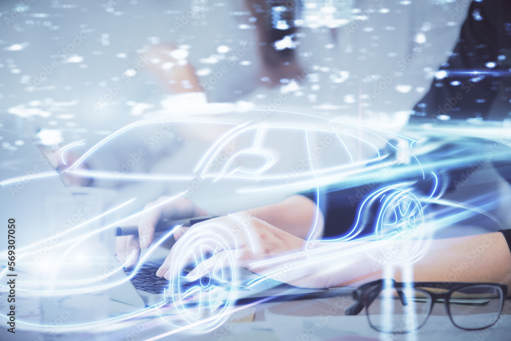 Poster double exposure of woman hands typing on computer and automobile theme drawing. high tech concept.