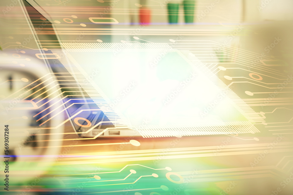 Aufkleber double exposure of woman hands working on computer and data theme hologram drawing. tech concept.