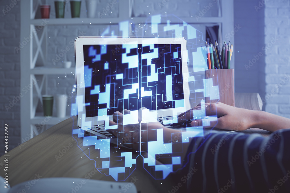 Aufkleber double exposure of woman hands working on computer and data theme hologram drawing. tech concept.