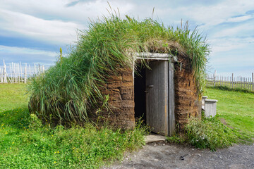 Newfoundland, Canada: Recreated Norse buildings at L’Anse aux Meadows (trans. Meadows Cove), the...