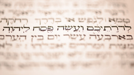 Page of old worn shabby jewish book Torah. Selective focus on snippet Hebrew Bible text that translates in english: offer the Passover sacrifice to Jehovah. Closeup.