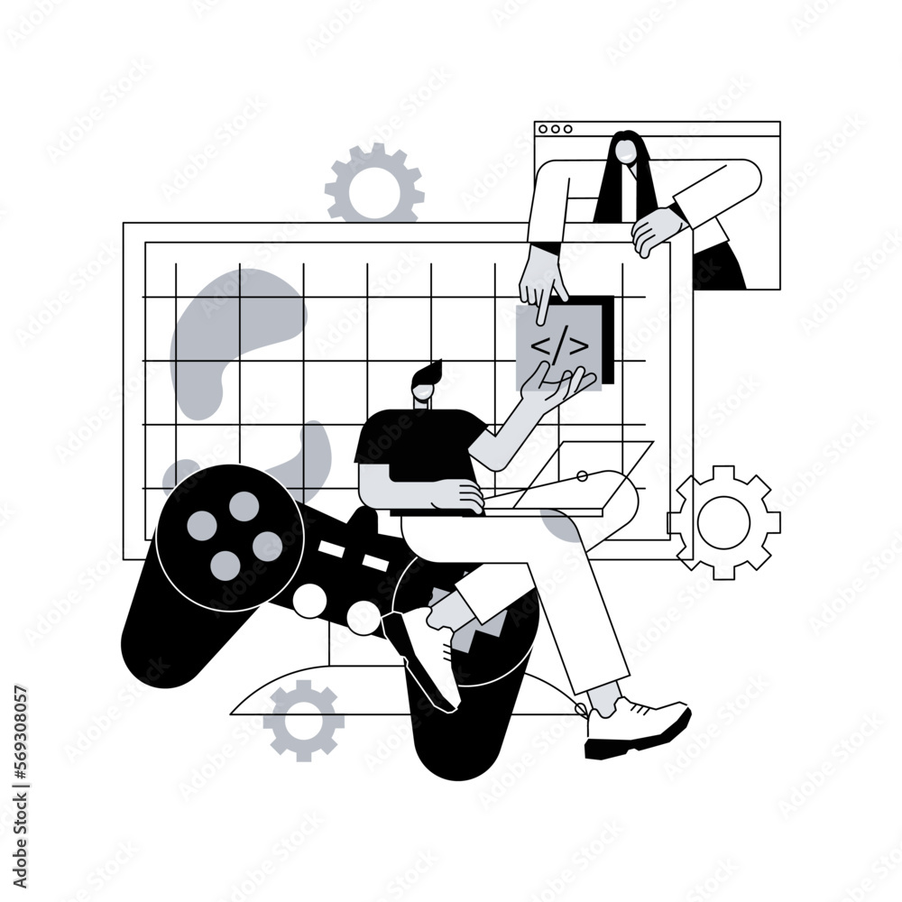 Poster computer games development abstract concept vector illustration. video games programming, developmen