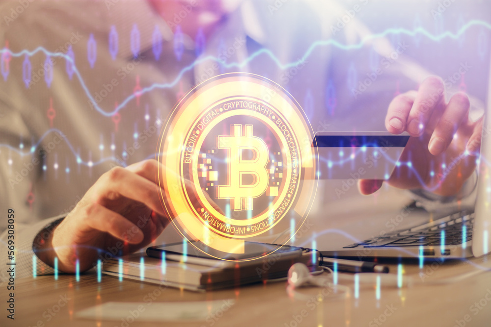 Poster double exposure of man hands holding a credit card and crypto business theme drawing. digital blockc