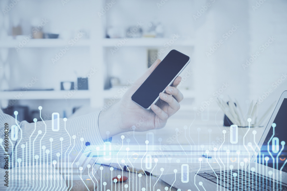 Poster double exposure of man's hand holding and using a digital device and data theme hologram drawing. te