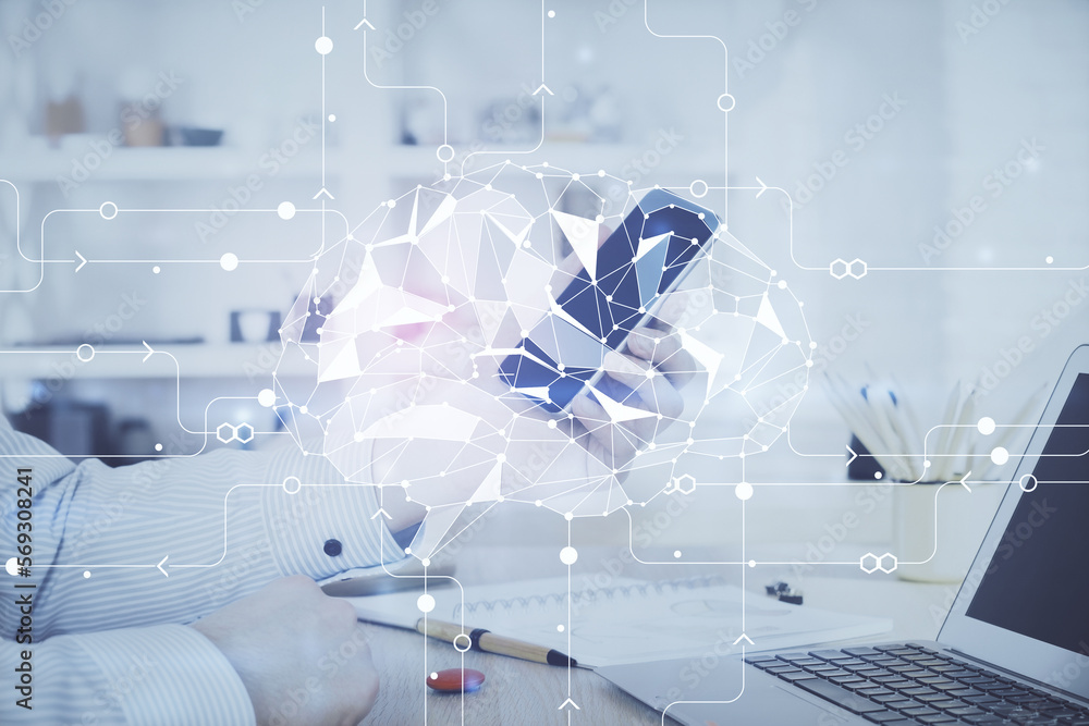 Poster double exposure of man's hand holding and using a digital device and brain hologram drawing. data co