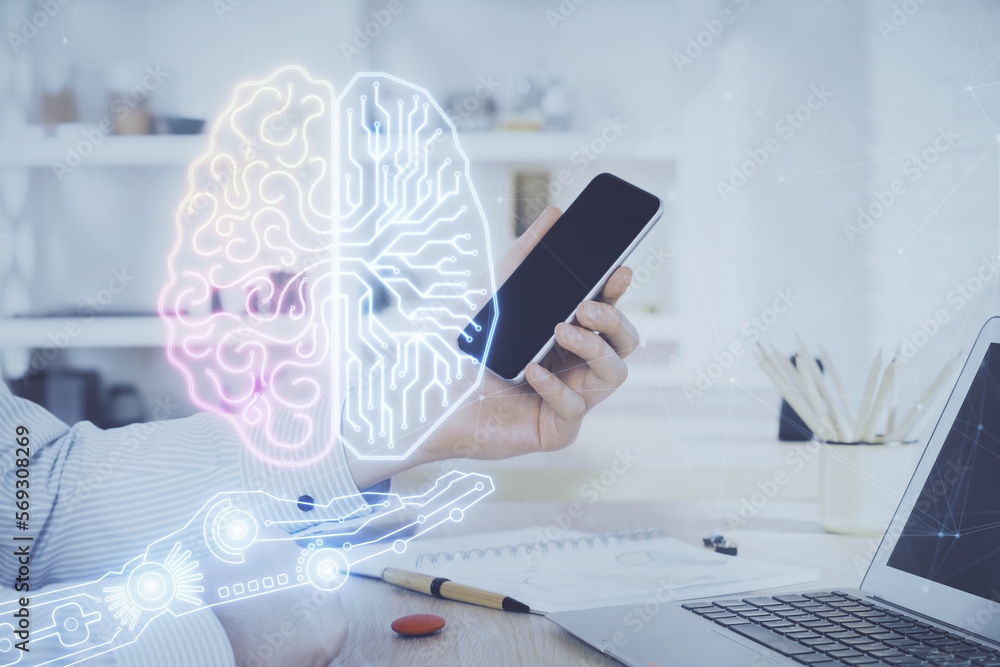 Poster Double exposure of man's hand holding and using a digital device and brain hologram drawing. Data concept.