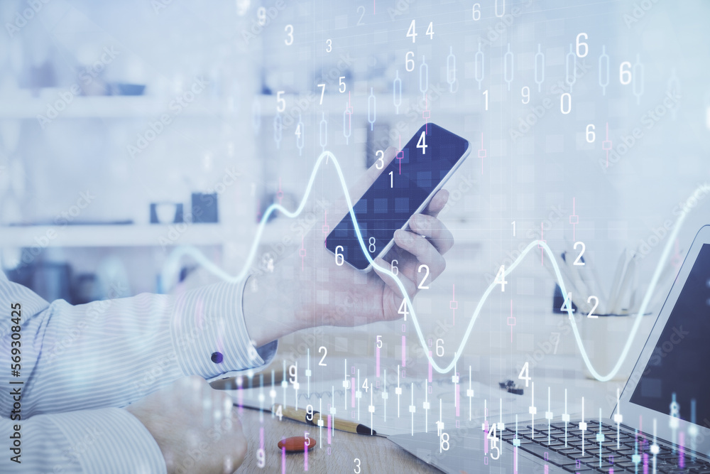 Poster double exposure of man's hands holding and using a digital device and forex graph drawing. financial