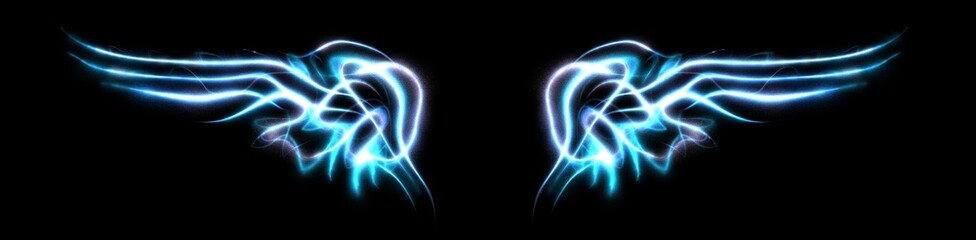 Blue neon glowing abstract wings. Isolated, strewn with sparks on dark, black background. Happy Valentines day, angel attributes.