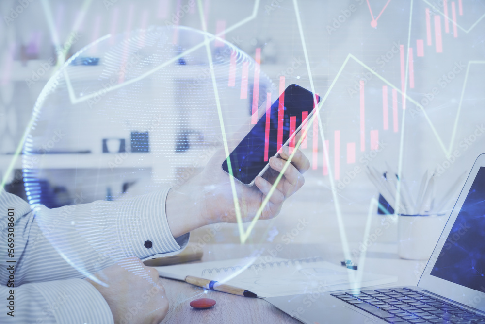 Poster Double exposure of man's hands holding and using a digital device and forex graph drawing. Financial market concept.