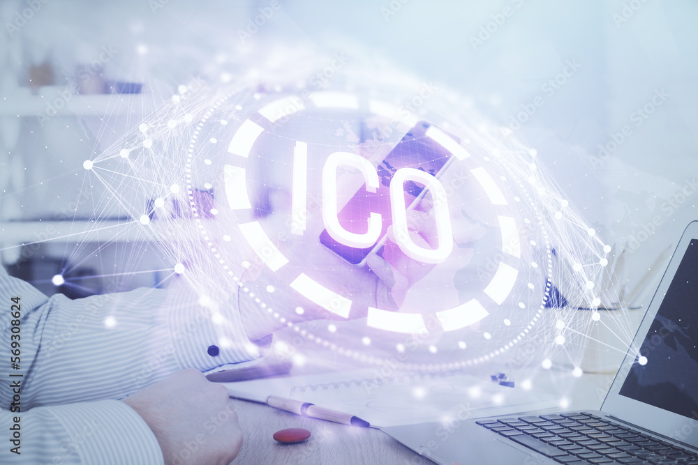 Poster double exposure of man's hands holding and using a phone and crypto currency blockchain theme drawin