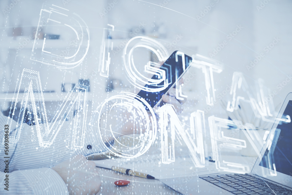 Aufkleber double exposure of man's hands holding and using a phone and crypto currency blockchain theme drawin