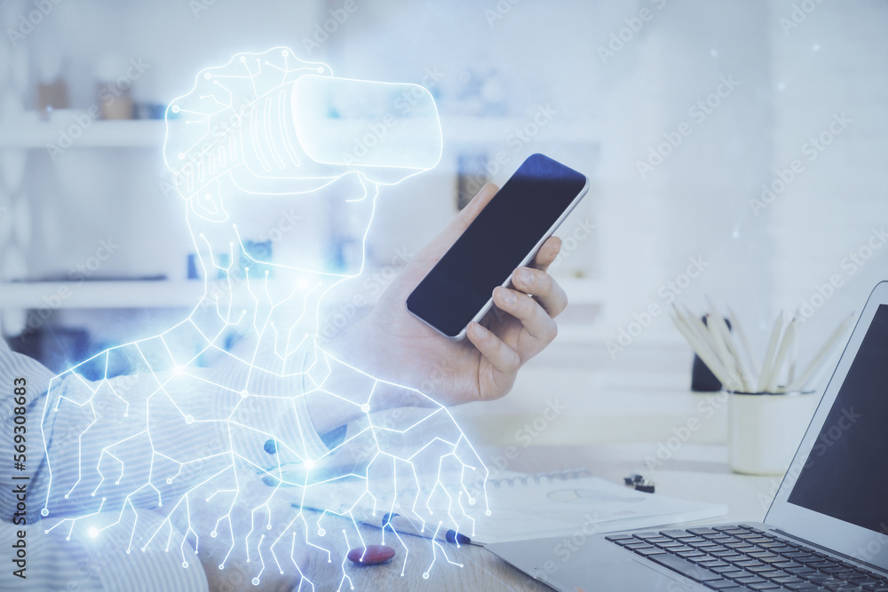 Poster double exposure of man's hands holding and using a digital device and ar glasses drawing. virtual re