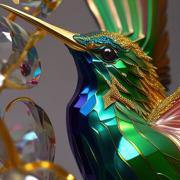 A closeup of a sparkling gold enamel hummingbird luxury sculpture with raindrops in the background.  AI-generated