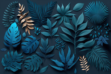 Naklejka na ściany i meble Collection of tropical leaves and foliage on blue background. AI generated image