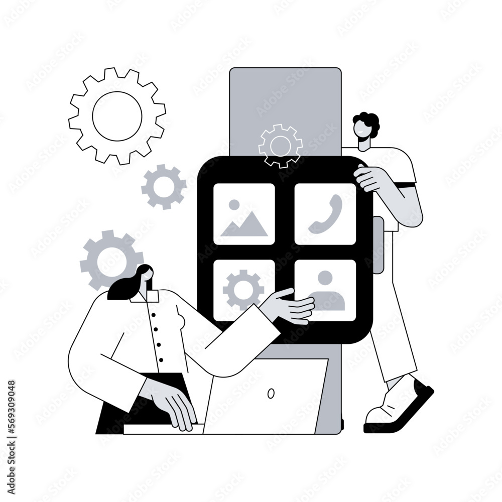 Poster smartwatches mobile apps development abstract concept vector illustration. wearable devices software