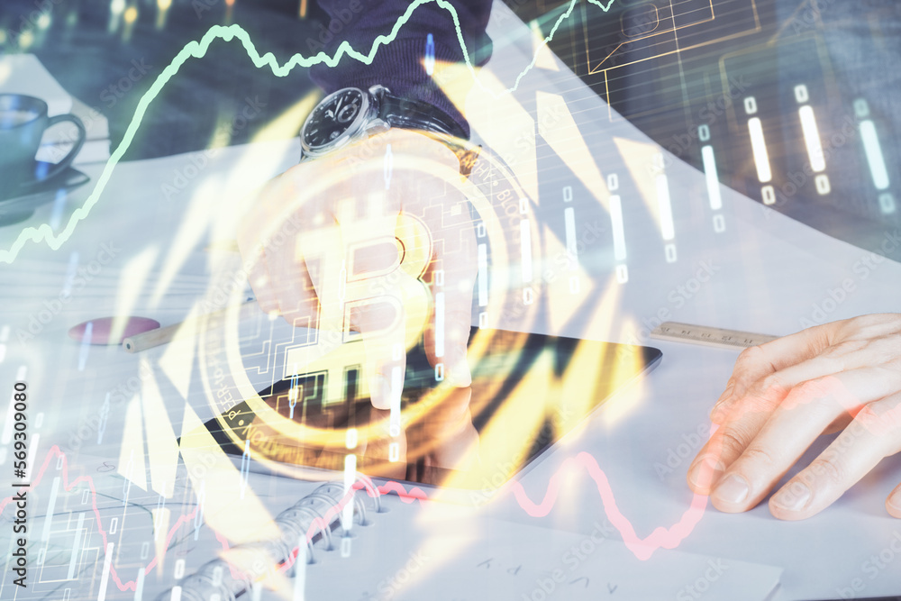Poster double exposure of man's hands holding and using a phone and crypto currency blockchain theme drawin