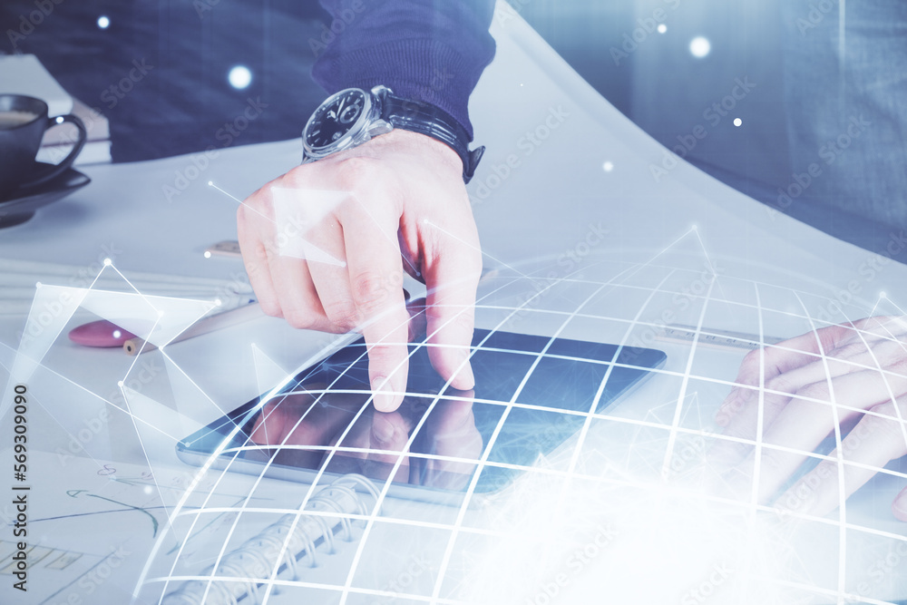 Poster Multi exposure of man's hands holding and using a digital device and map drawing. International business concept.
