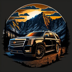 Generative AI Black Luxury Cadillac Escalade during sunset with mountains in the background - obrazy, fototapety, plakaty
