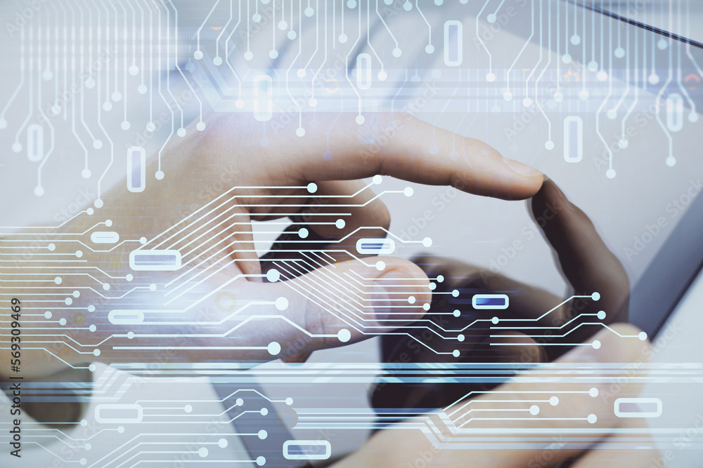 Poster Multi exposure of man's hand holding and using a digital device and data theme drawing. Innovation concept.