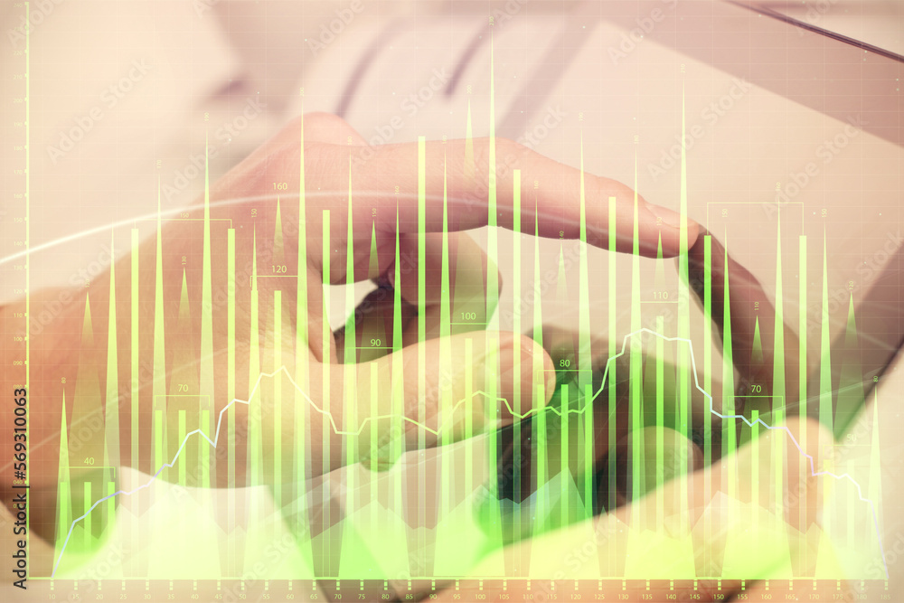 Poster multi exposure of man's hands holding and using a phone and financial chart drawing. market analysis