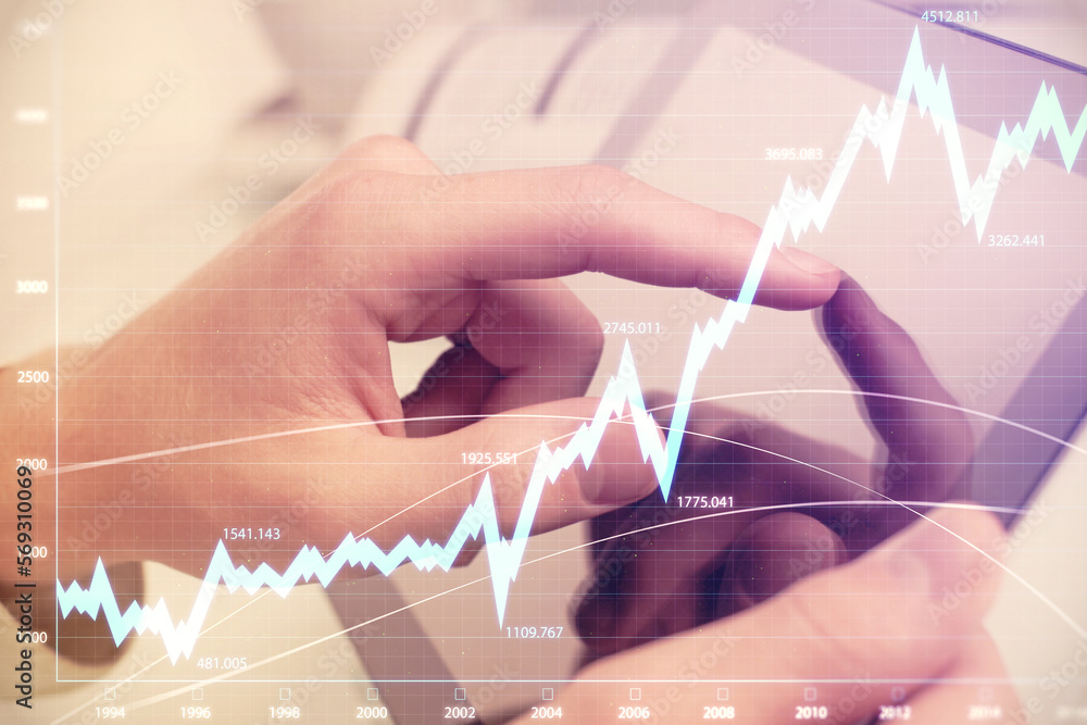 Poster Multi exposure of man's hands holding and using a phone and financial chart drawing. Market analysis concept.