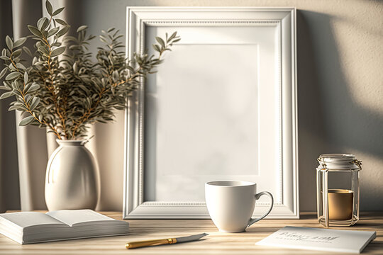 books and empty picture frame mockup on wooden desk. Vase with olive branches. Elegant working space, home office concept. Generative AI