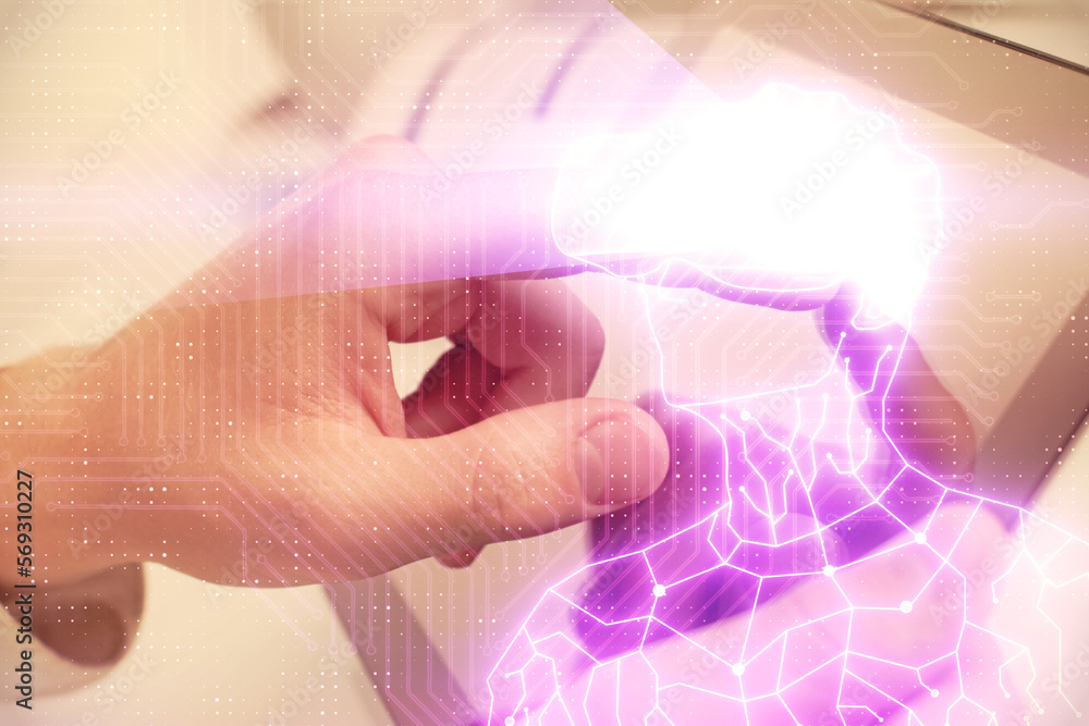 Poster double exposure of man's hands holding and using a digital device and ar glasses drawing. virtual re