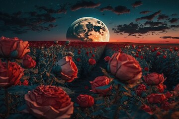 field of red roses landscape , ai generated