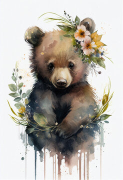 Watercolor bear baby portrait with flowers crown. Cute illustration Nature vintage style. Wildlife animal cartoon drawing poster print. include "Generative AI"