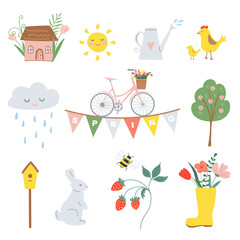 Spring set, sun, cloud, bike, flowers, hen and chick, strawberry and watering can.