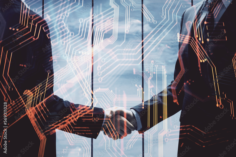 Poster double exposure of tech hologram and handshake of two men. deal concept.