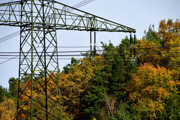 Ein 380-kv-Mast inmitten eines herbstlichen Waldes