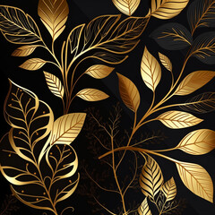 golden plants on a black background. large leaves. ai generated