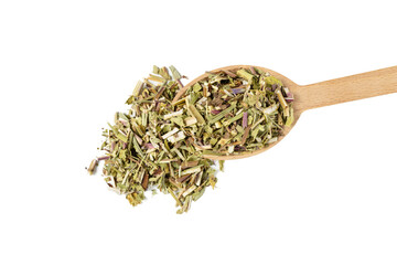 Catnip herb in latin - Nepeta cataria on wooden spoon isolated on white background. Medicinal herb.