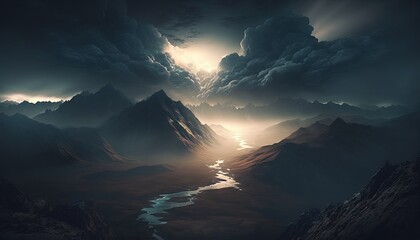  a painting of a river running through a mountain valley under a dark sky with clouds and sun rays coming through the clouds, with a river running between the mountains.  generative ai
