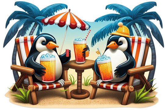 two penguins sitting at a table with a beer and a straw in their hands, under a palm tree, on a beach with a beach umbrella.  generative ai