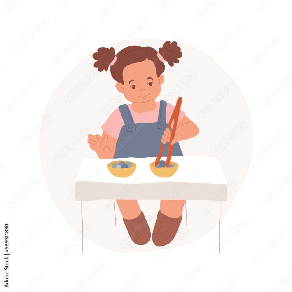 Poster tong transfer isolated cartoon vector illustration. dry transfer using tongs, put objects from one b