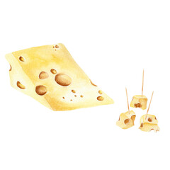 Set of yellow cheese piece with holes. Watercolor illustration isolated on white background