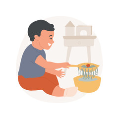 Using a strainer isolated cartoon vector illustration. Toddler using a dropper, strain water to get object, sensory activity, practical life, montessori education method vector cartoon.